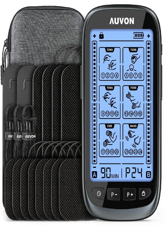 AUV0N AUVON 3-in-1 TENS Unit Muscle Stimulator, Dual Channel Electronic Pulse Massager, TENS EMS Machine, 24 Modes Muscle Massager for Pain Relief Therapy, EVA Travel Case, 12 Pcs TENS Unit Electrodes Pads - Image 1